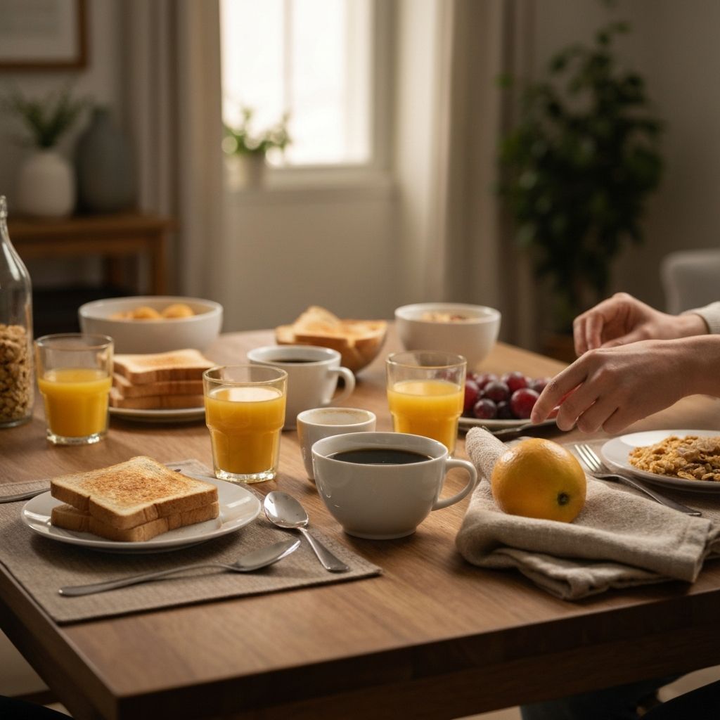 Breakfast table with various food options in home setting